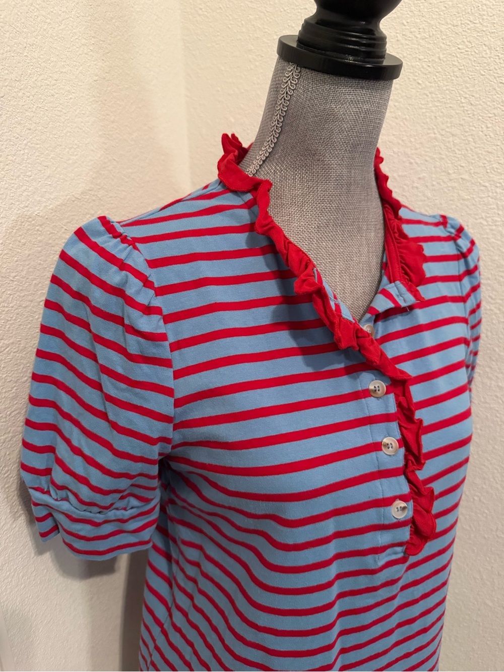 Striped Ruffle Henley Tee - Blue & Red - Picture 2 of 10
